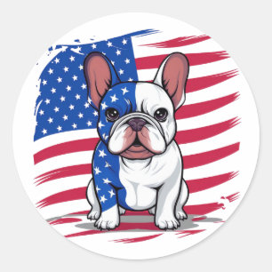 A cartoon French bulldog with American flag Classic Round Sticker