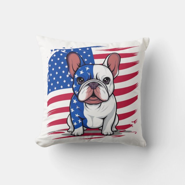 A cartoon French bulldog with American flag Cushion (Front)