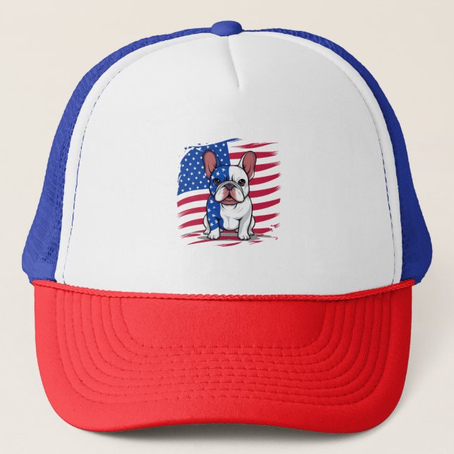 A cartoon French bulldog with American flag Trucker Hat (Front)