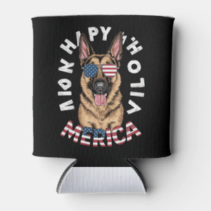 A cartoon German Shepherd in American flag colours Can Cooler