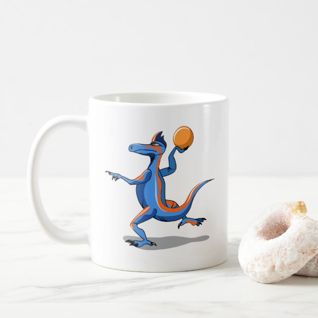 A Cartoon Iguanodon Playing Basketball. Coffee Mug (With Donut)