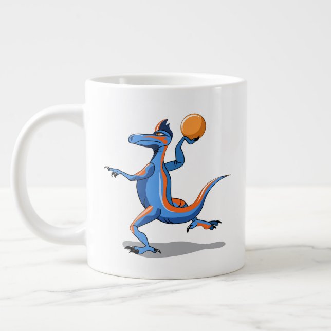 A Cartoon Iguanodon Playing Basketball. Large Coffee Mug (Left)