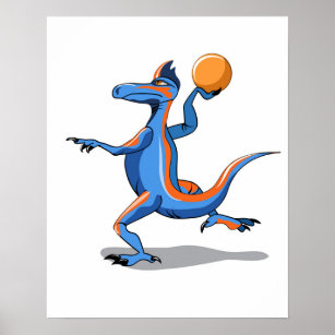 A Cartoon Iguanodon Playing Basketball. Poster