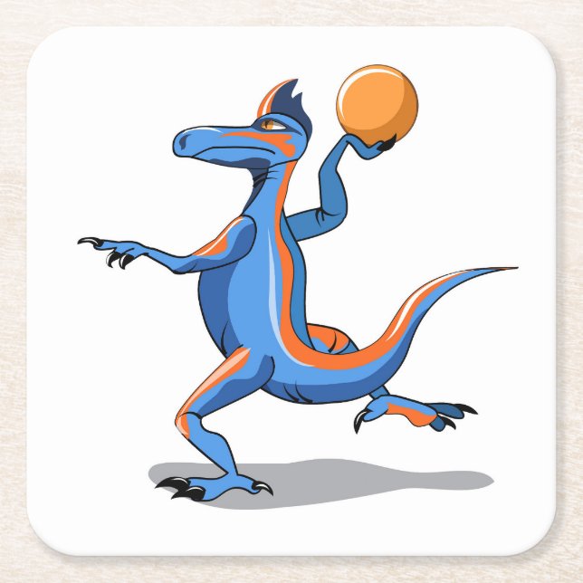 A Cartoon Iguanodon Playing Basketball. Square Paper Coaster (Front)