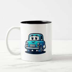 a cartoon of an old smiling blue car Two-Tone coffee mug