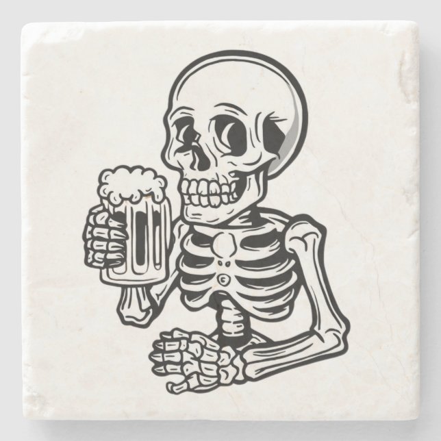 A cartoon skeleton holding a beer mug stone coaster (Front)