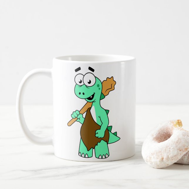 A Cartoon Tyrannosaurus Rex Caveman. Coffee Mug (With Donut)