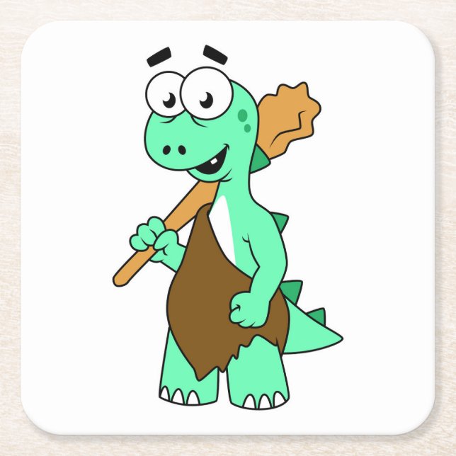 A Cartoon Tyrannosaurus Rex Caveman. Square Paper Coaster (Front)