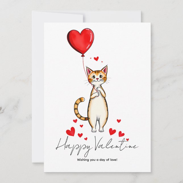 A Cat Holding a Heart Balloon Valentine Day Card (Front)
