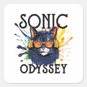 a cat listening to music on headphones square sticker
