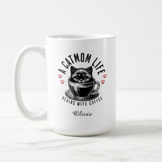 A cat mum life begins with coffee, Custom name Coffee Mug