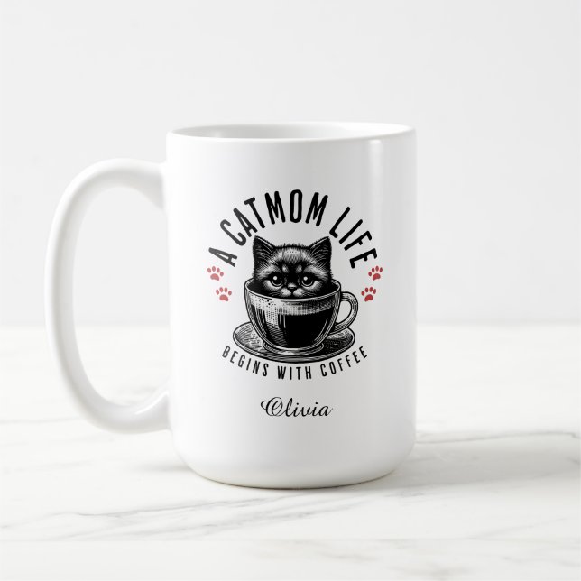 A cat mum life begins with coffee, Custom name Coffee Mug (Left)