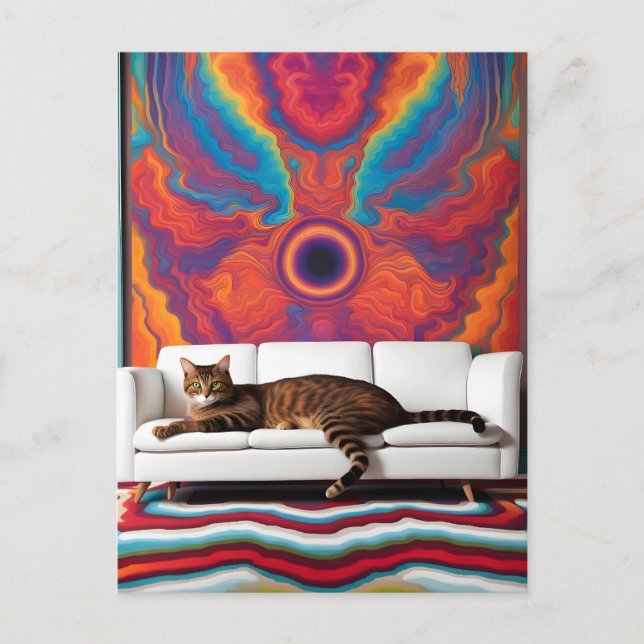 A cat on a white couch psychedelic colourful uniqu postcard (Front)