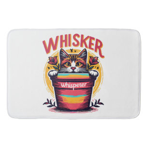 A cat peeking out from behind a flowerpot bath mat