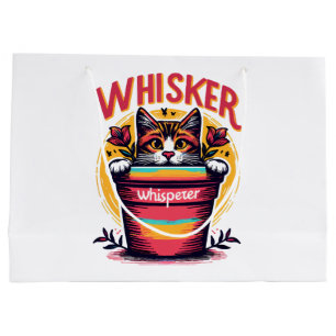 A cat peeking out from behind a flowerpot large gift bag