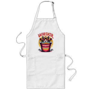 A cat peeking out from behind a flowerpot long apron