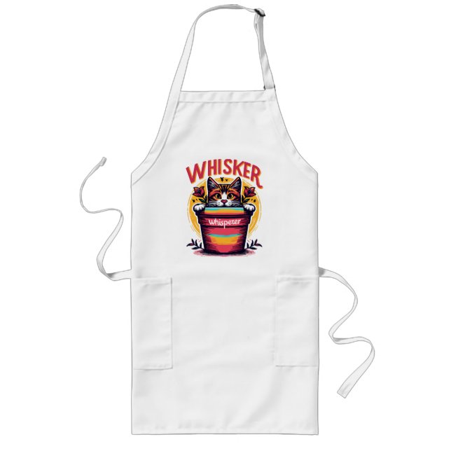 A cat peeking out from behind a flowerpot long apron (Front)