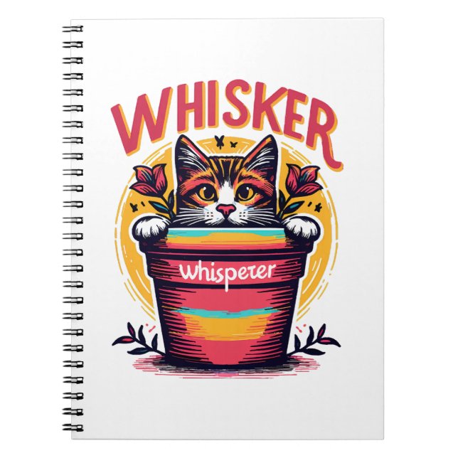 A cat peeking out from behind a flowerpot notebook (Front)