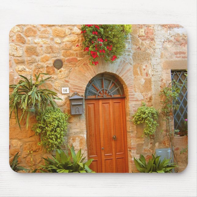 A cat seeks entrance to home in Pienza, Italy. Mouse Mat (Front)