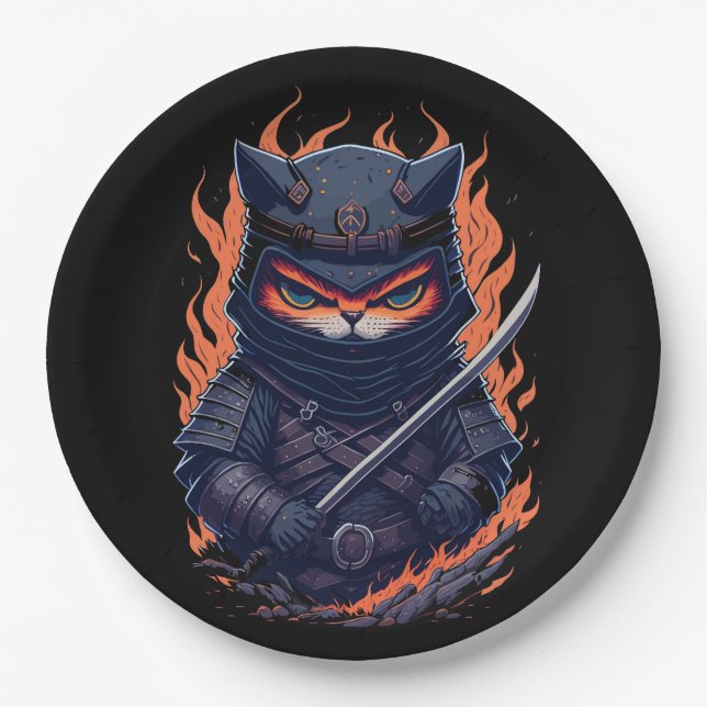 a cat warrior with a sword in his hand paper plate (Front)