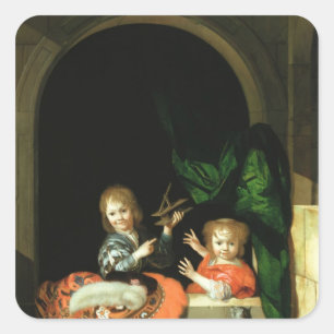 A Cat watching two boys Square Sticker