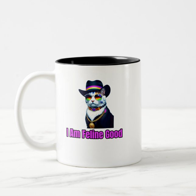 A Cat Wearing a Fedora and Sunglasses Two-Tone Coffee Mug (Left)