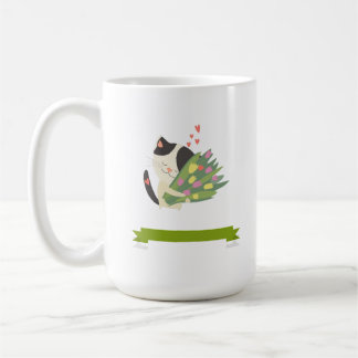 A cat who loves his bouquet of flowers. coffee mug
