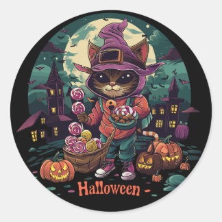 a cat with a basket of flowers and a cat with a ba classic round sticker