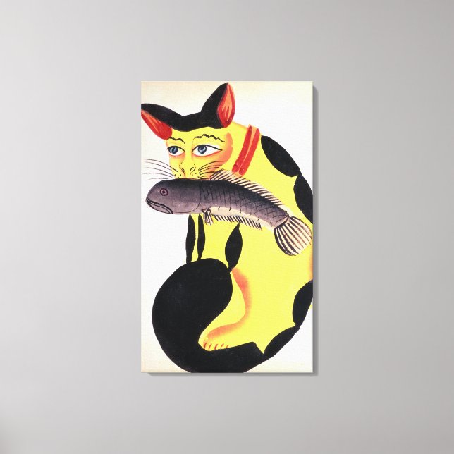 A cat with a fish in its mouth, from the Rudyard K Canvas Print (Front)
