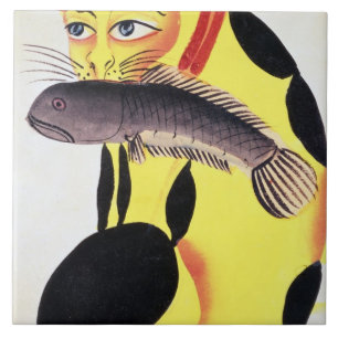 A cat with a fish in its mouth, from the Rudyard K Tile
