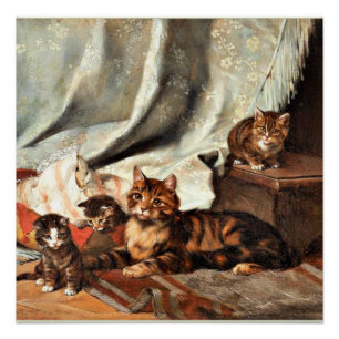 A Cat with Three Kittens, fine art painting Poster