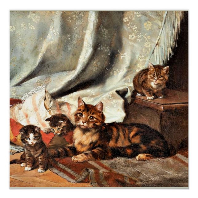 A Cat with Three Kittens, fine art painting Poster (Front)