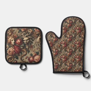 A Cautionary Flourish - Gothic Victorian  Oven Mitt & Pot Holder Set