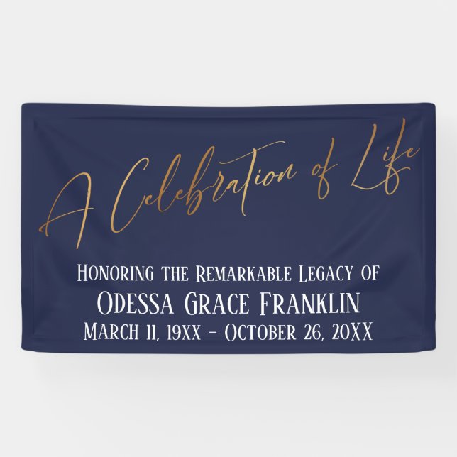 A Celebration of Life Gold Handwriting Navy Blue Banner (Horizontal)
