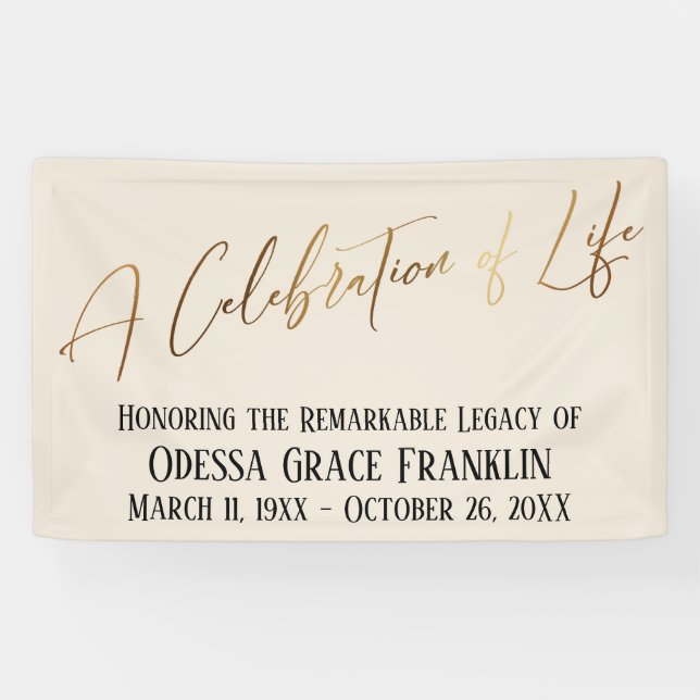 A Celebration of Life Gold Handwriting on Cream Banner (Horizontal)