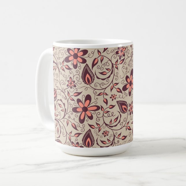 A ceramic mug with a beige background  (Front Left)