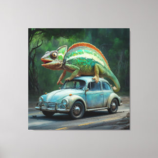 A chameleon perched on a car in a vibrant painting canvas print