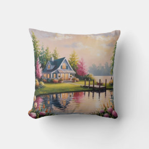 A charming lakeside cottage view cushion