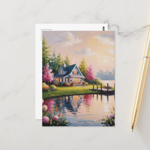 A charming lakeside cottage view postcard