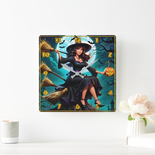 A charming witch with a pumpkin at twilight square wall clock (Home)