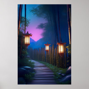 A Charming Wooden Path Illuminated by Lanterns Poster