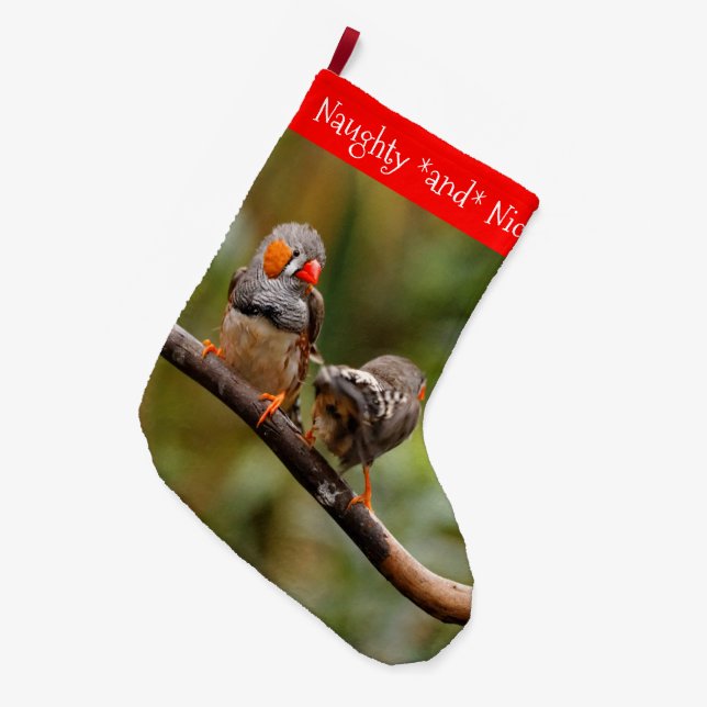 A Cheeky Pair of Zebra Finches Songbirds Large Christmas Stocking (Front (Hanging))