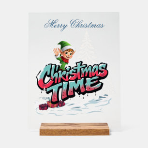 A cheerful cartoon elf acrylic sign