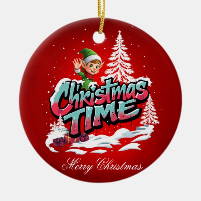 A cheerful cartoon elf  ceramic tree decoration (Front)