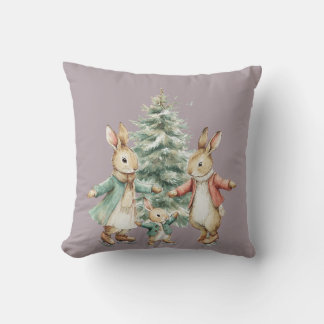 A cheerful family of rabbits under a New Year's tr Cushion