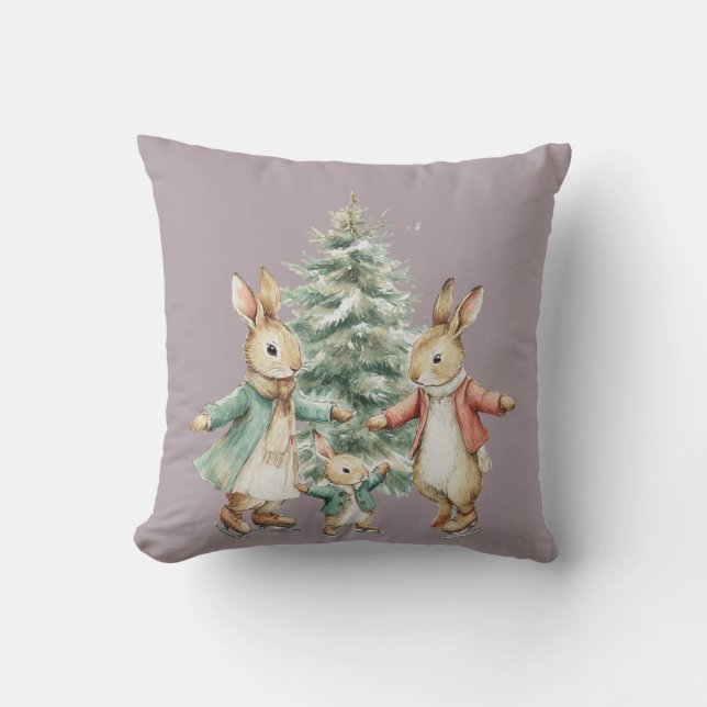 A cheerful family of rabbits under a New Year's tr Cushion (Front)