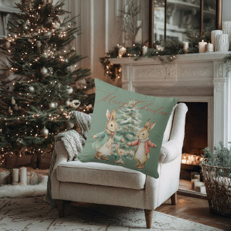 A cheerful family of rabbits under a New Year's tr Cushion