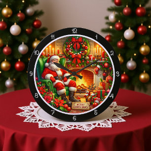 A Cheerful Santa by a Fireplace Large Clock