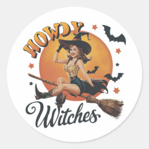 A cheerful witch riding a broomstick classic round sticker