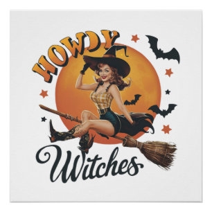 A cheerful witch riding a broomstick poster